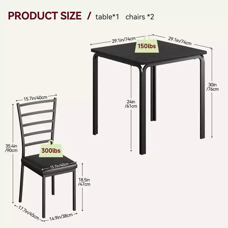 Dining Table with 2 Chairs, Dining Set with Padded Seat, Dining Table Set, Table Kitchen, Small Dining Table with Wood Grain, Metal Legs