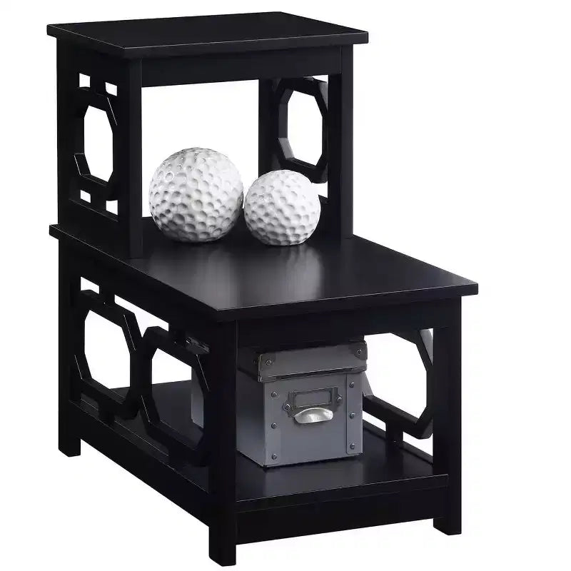 HomeStock Belmont 2 Step Chairside End Table with Contemporary L Shape Design, Three Tier Storage Shelves for Living Room or Home Office Use