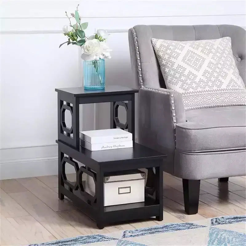 HomeStock Belmont 2 Step Chairside End Table with Contemporary L Shape Design, Three Tier Storage Shelves for Living Room or Home Office Use