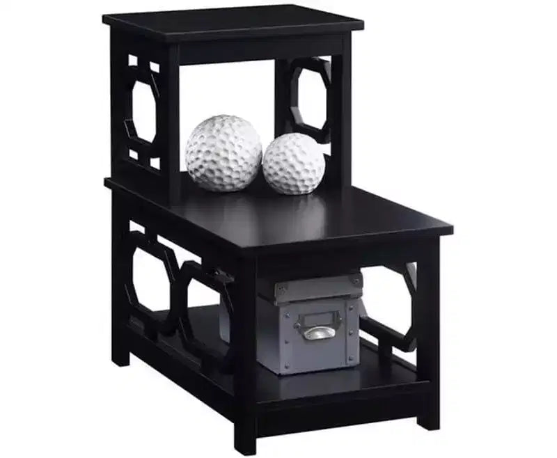 HomeStock Belmont 2 Step Chairside End Table with Contemporary L Shape Design, Three Tier Storage Shelves for Living Room or Home Office Use