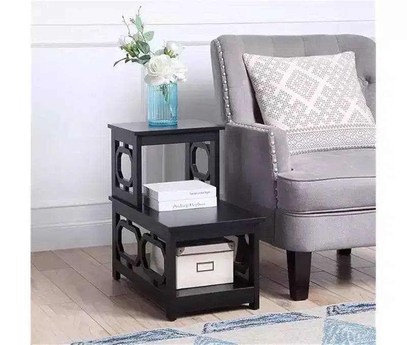 HomeStock Belmont 2 Step Chairside End Table with Contemporary L Shape Design, Three Tier Storage Shelves for Living Room or Home Office Use