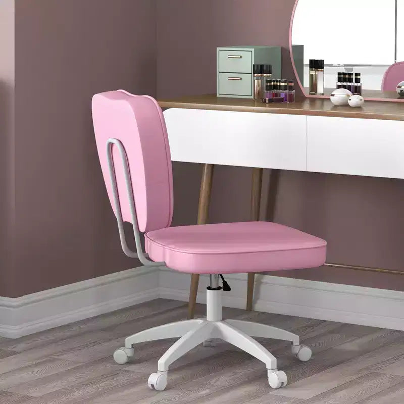 Okak Cute Armless Office Chair, Desk Chair with Wheels and Adjustable Height, Small Vanity Chair for Office, Home, Pink
