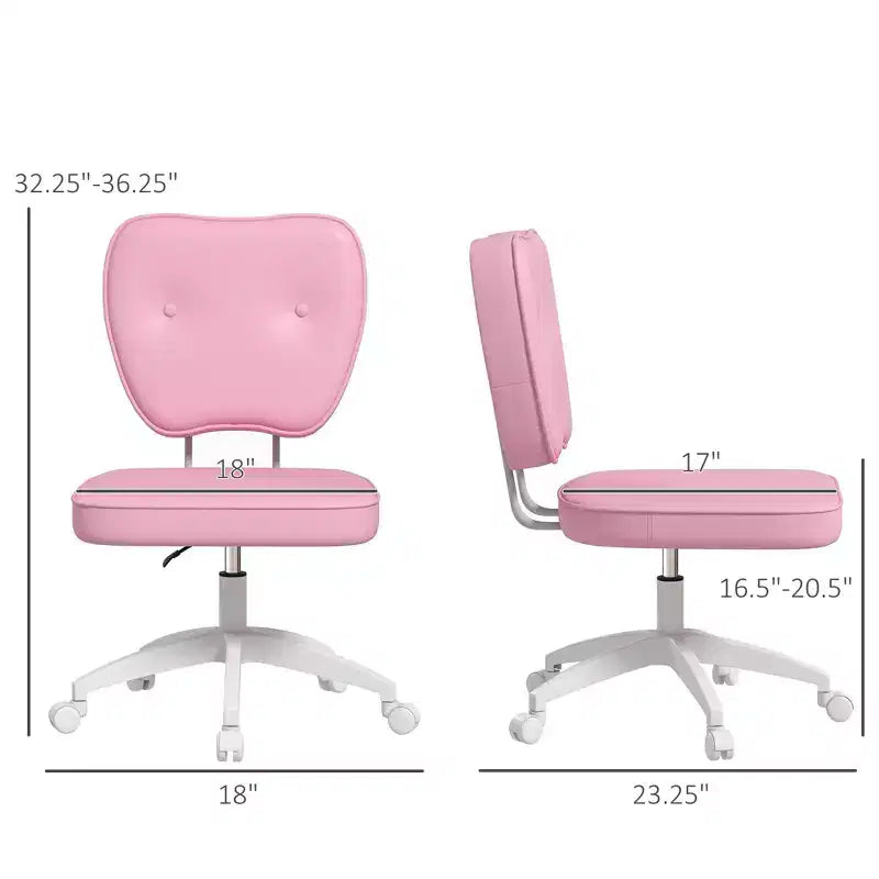Okak Cute Armless Office Chair, Desk Chair with Wheels and Adjustable Height, Small Vanity Chair for Office, Home, Pink