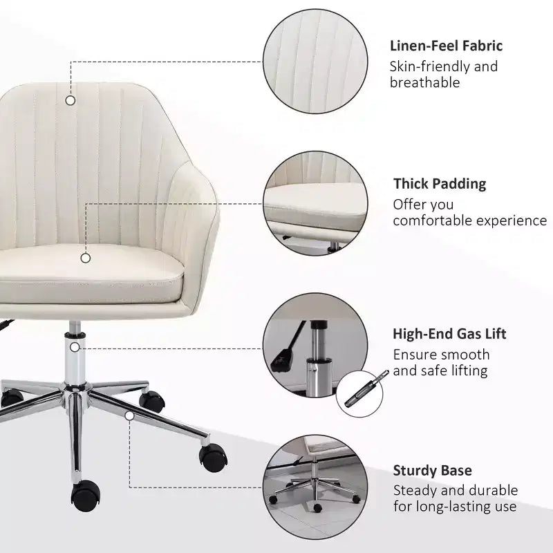 Okak Mid Back Office Chair, Desk Chair with Adjustable Height, Upholstered Comfy Chair for Living Room, Office, Study, Beige