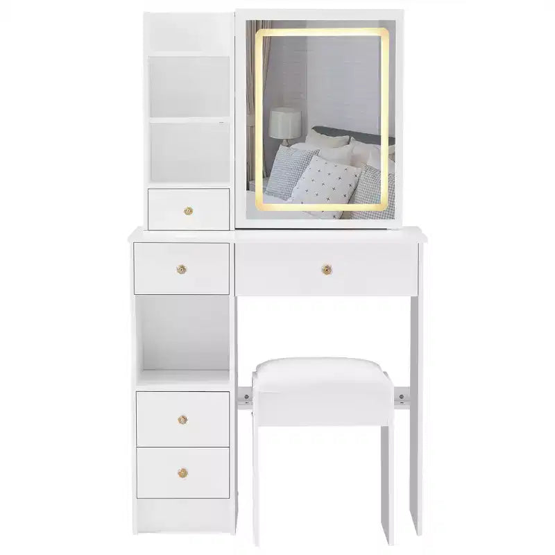 Homy Casa Vanity Table Set with Lighted Mirror and Storage Drawers for Bedroom or Dressing Room, White