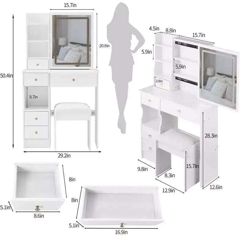 Ensemble coiffeuse Homy Casa avec miroir lumineux et tiroirs de rangement pour chambre ou dressing, blanc
