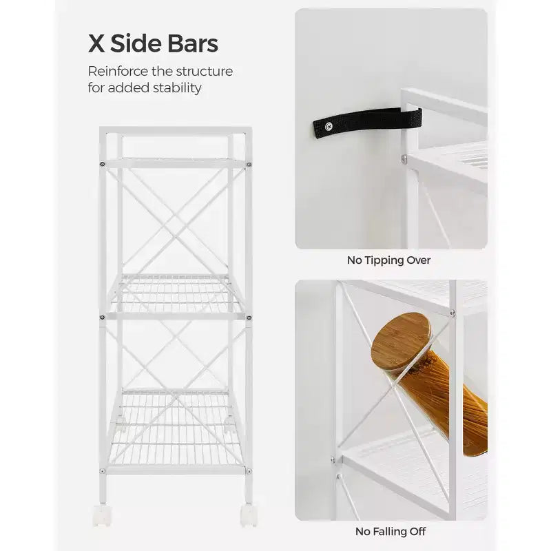 Chariot de rangement roulant à 3 niveaux, cadre entièrement métallique avec côtés en X et étagères en treillis métallique, organiseur mobile de 80 cm de large avec roulettes verrouillables