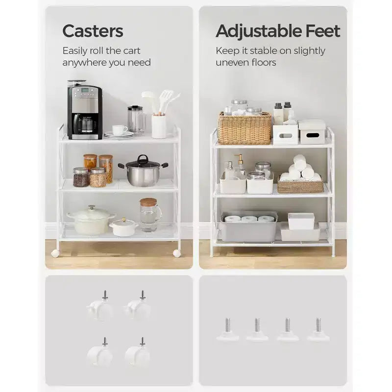 Chariot de rangement roulant à 3 niveaux, cadre entièrement métallique avec côtés en X et étagères en treillis métallique, organiseur mobile de 80 cm de large avec roulettes verrouillables