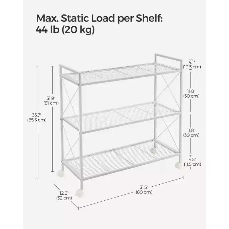 Chariot de rangement roulant à 3 niveaux, cadre entièrement métallique avec côtés en X et étagères en treillis métallique, organiseur mobile de 80 cm de large avec roulettes verrouillables