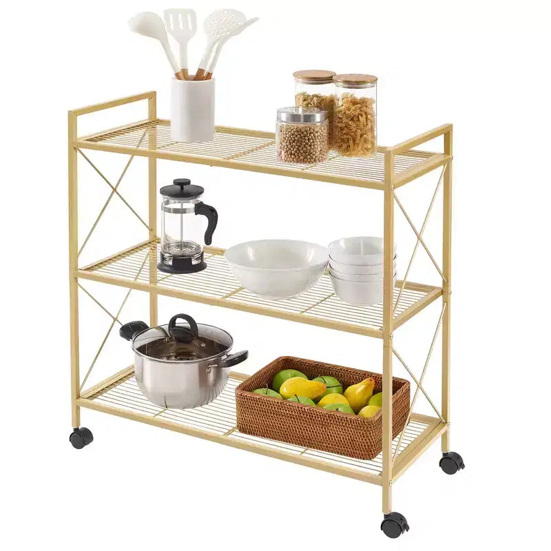 Chariot de rangement roulant à 3 niveaux, cadre entièrement métallique avec côtés en X et étagères en treillis métallique, organiseur mobile de 80 cm de large avec roulettes verrouillables