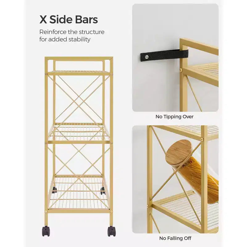 Chariot de rangement roulant à 3 niveaux, cadre entièrement métallique avec côtés en X et étagères en treillis métallique, organiseur mobile de 80 cm de large avec roulettes verrouillables