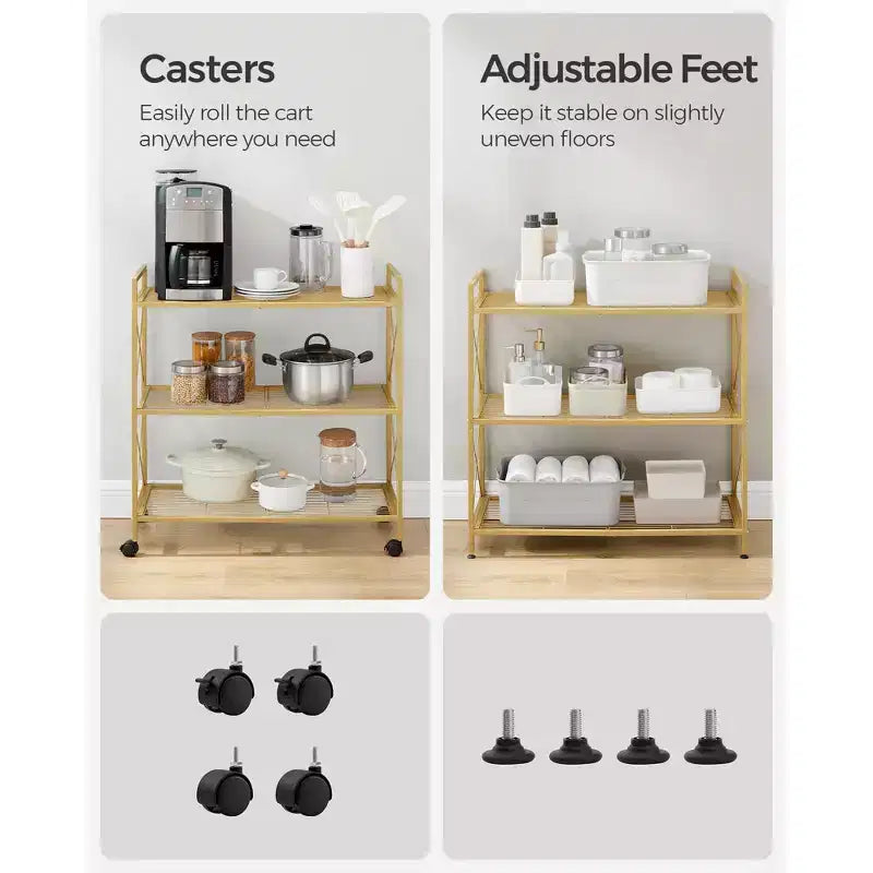 Chariot de rangement roulant à 3 niveaux, cadre entièrement métallique avec côtés en X et étagères en treillis métallique, organiseur mobile de 80 cm de large avec roulettes verrouillables