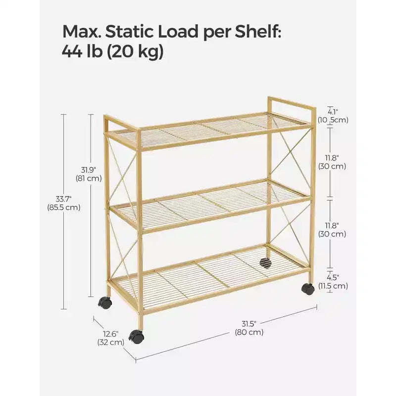 Chariot de rangement roulant à 3 niveaux, cadre entièrement métallique avec côtés en X et étagères en treillis métallique, organiseur mobile de 80 cm de large avec roulettes verrouillables