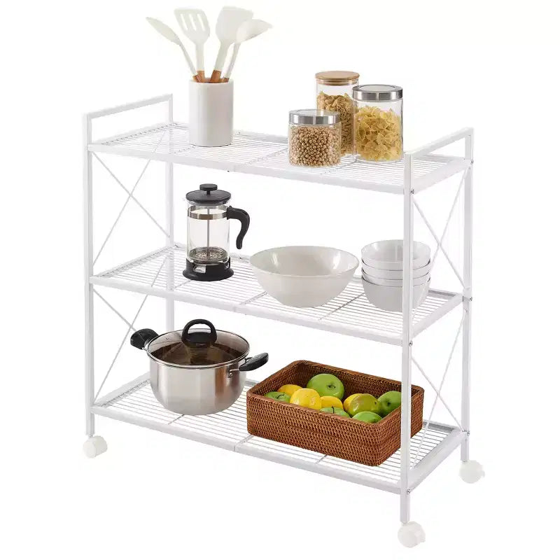 Chariot de rangement roulant à 3 niveaux, cadre entièrement métallique avec côtés en X et étagères en treillis métallique, organiseur mobile de 80 cm de large avec roulettes verrouillables