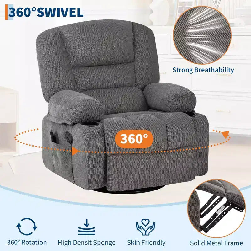 Rocking Recliner Chairs,Massage Recliner Chair with Vibration Massage and Heat,360 Swivel Rocking Recliner Chair with Side Pockets Cup Holdersr
