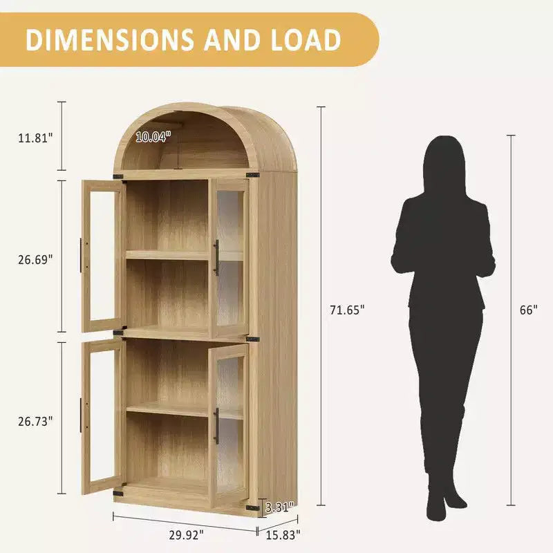 Coolmee Arched Bookshelf with Doors and Drawers, Farmhouse Display Storage Shelves, 71.4in Tall Wooden Display Cabinet Rounded Bookcases