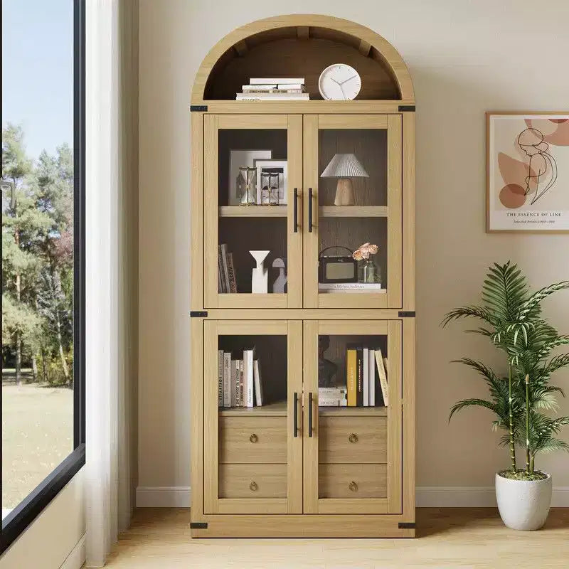 Coolmee Arched Bookshelf with Doors and Drawers, Farmhouse Display Storage Shelves, 71.4in Tall Wooden Display Cabinet Rounded Bookcases