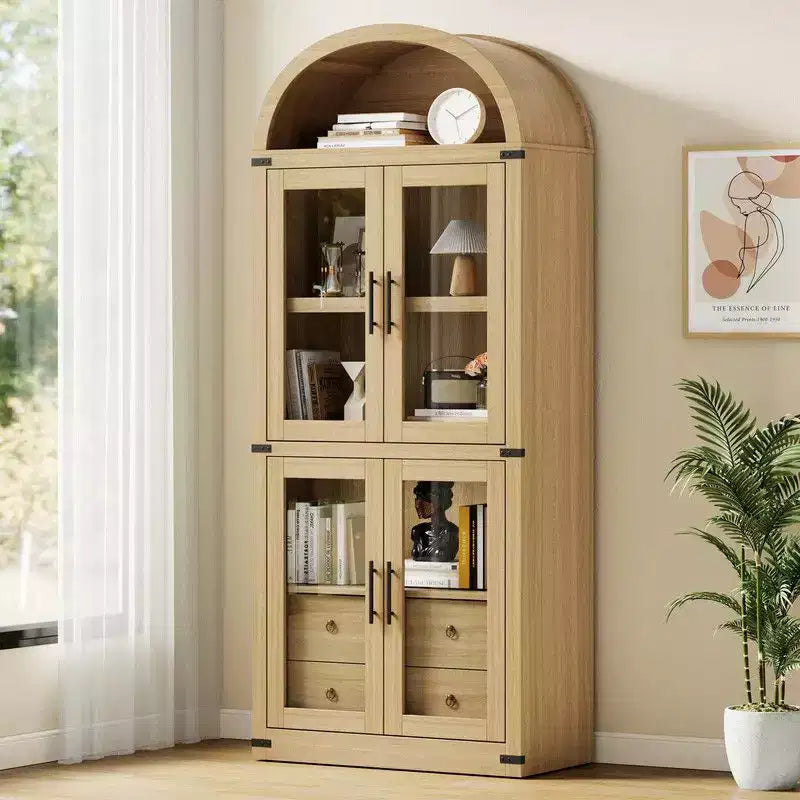 Coolmee Arched Bookshelf with Doors and Drawers, Farmhouse Display Storage Shelves, 71.4in Tall Wooden Display Cabinet Rounded Bookcases