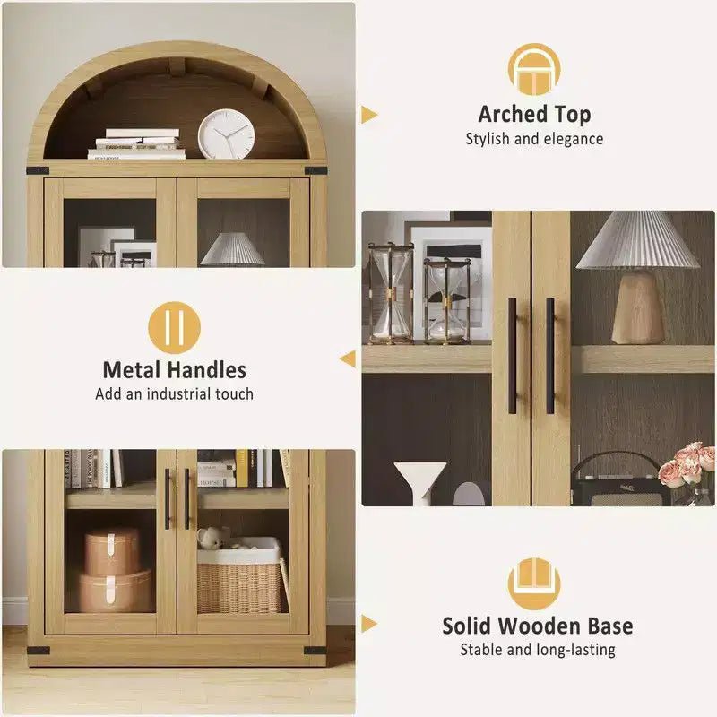 Coolmee Arched Bookshelf with Doors and Drawers, Farmhouse Display Storage Shelves, 71.4in Tall Wooden Display Cabinet Rounded Bookcases