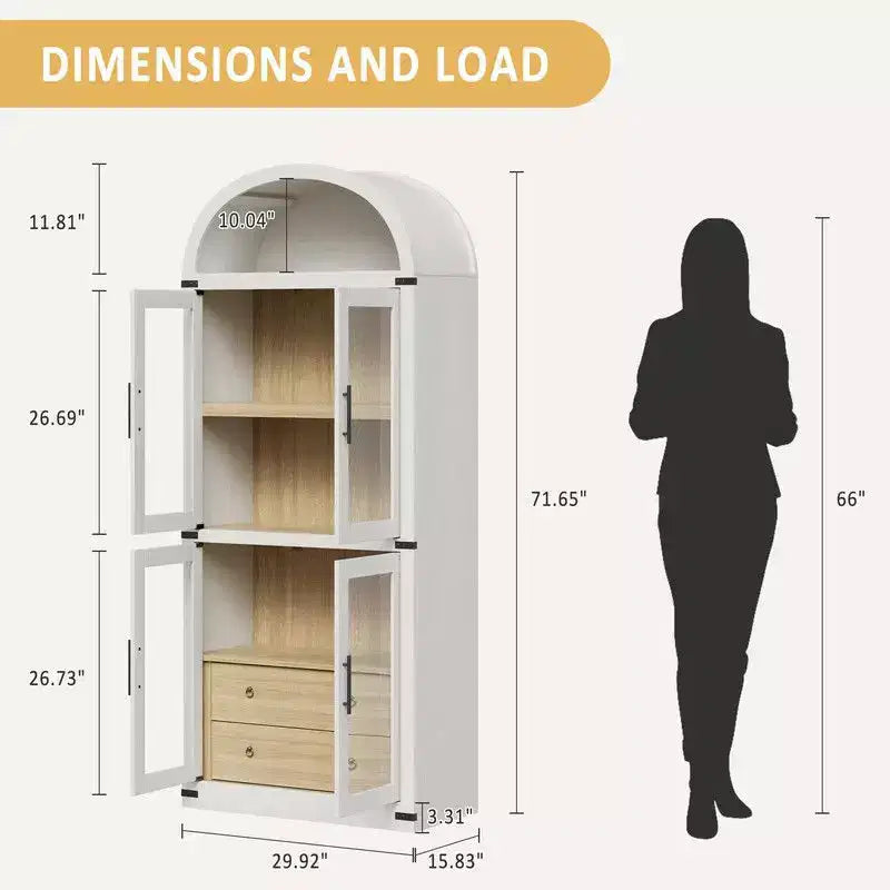 Coolmee Arched Bookshelf with Doors and Drawers, Farmhouse Display Storage Shelves, 71.4in Tall Wooden Display Cabinet Rounded Bookcases