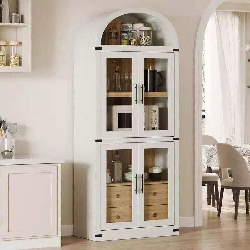 Coolmee Arched Bookshelf with Doors and Drawers, Farmhouse Display Storage Shelves, 71.4in Tall Wooden Display Cabinet Rounded Bookcases