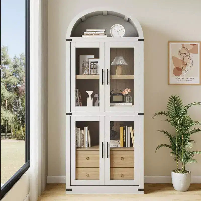 Coolmee Arched Bookshelf with Doors and Drawers, Farmhouse Display Storage Shelves, 71.4in Tall Wooden Display Cabinet Rounded Bookcases