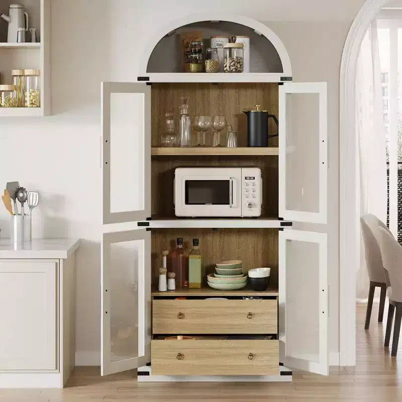 Coolmee Arched Bookshelf with Doors and Drawers, Farmhouse Display Storage Shelves, 71.4in Tall Wooden Display Cabinet Rounded Bookcases