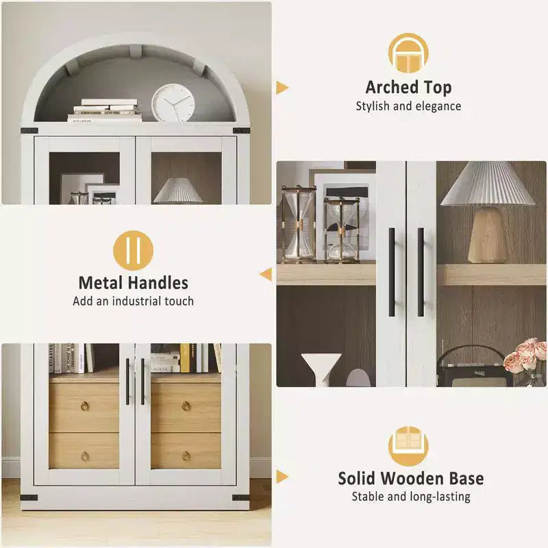 Coolmee Arched Bookshelf with Doors and Drawers, Farmhouse Display Storage Shelves, 71.4in Tall Wooden Display Cabinet Rounded Bookcases
