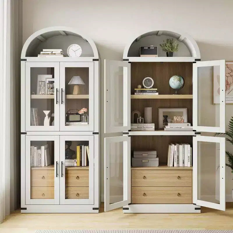 Coolmee Arched Bookshelf with Doors and Drawers, Farmhouse Display Storage Shelves, 71.4in Tall Wooden Display Cabinet Rounded Bookcases