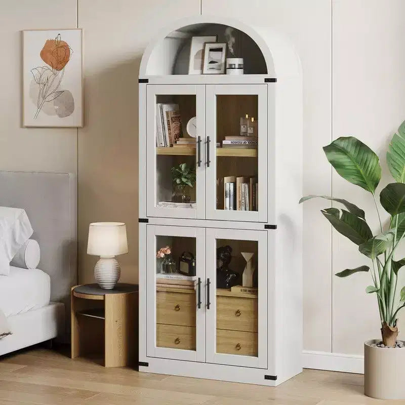 Coolmee Arched Bookshelf with Doors and Drawers, Farmhouse Display Storage Shelves, 71.4in Tall Wooden Display Cabinet Rounded Bookcases