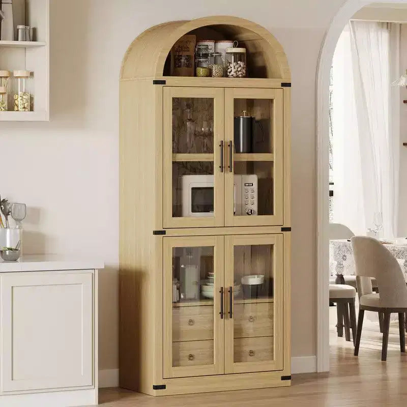 Coolmee Arched Bookshelf with Doors and Drawers, Farmhouse Display Storage Shelves, 71.4in Tall Wooden Display Cabinet Rounded Bookcases