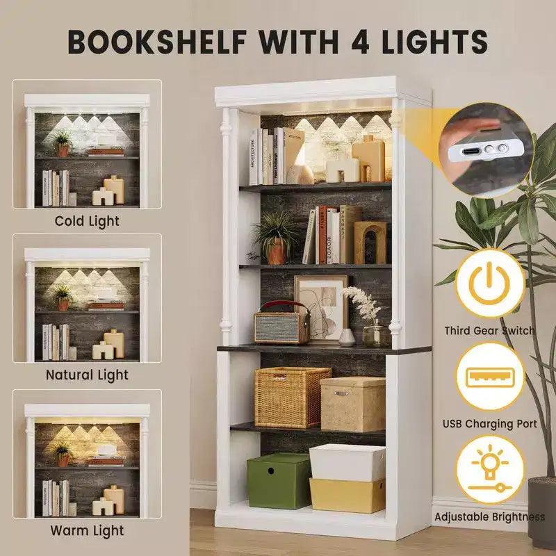 Coolmee Bookshelf with Adjustable Shelves, 5 Tier Display Cabinet with LED Light, Freestanding Display Case for Collectibles Bedroom Living Room