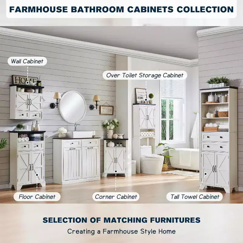 SinCiDo 67 Over The Toilet Storage Cabinet, Farmhouse Bathroom Floor Cabinets with Adjustable Shelf & Door