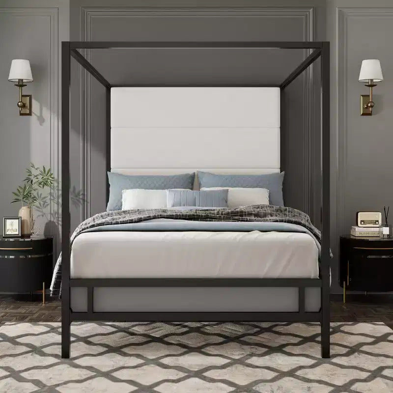 GDFStudio Patrick Modern Queen Canopy Bed with Tall Velvet Upholstered Headboard