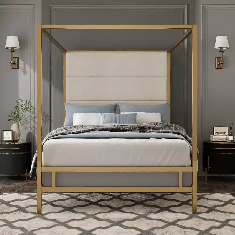 GDFStudio Patrick Modern Queen Canopy Bed with Tall Velvet Upholstered Headboard