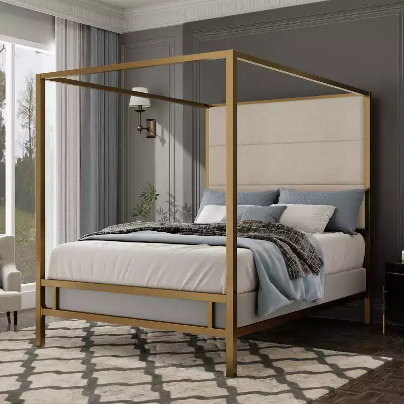 GDFStudio Patrick Modern Queen Canopy Bed with Tall Velvet Upholstered Headboard