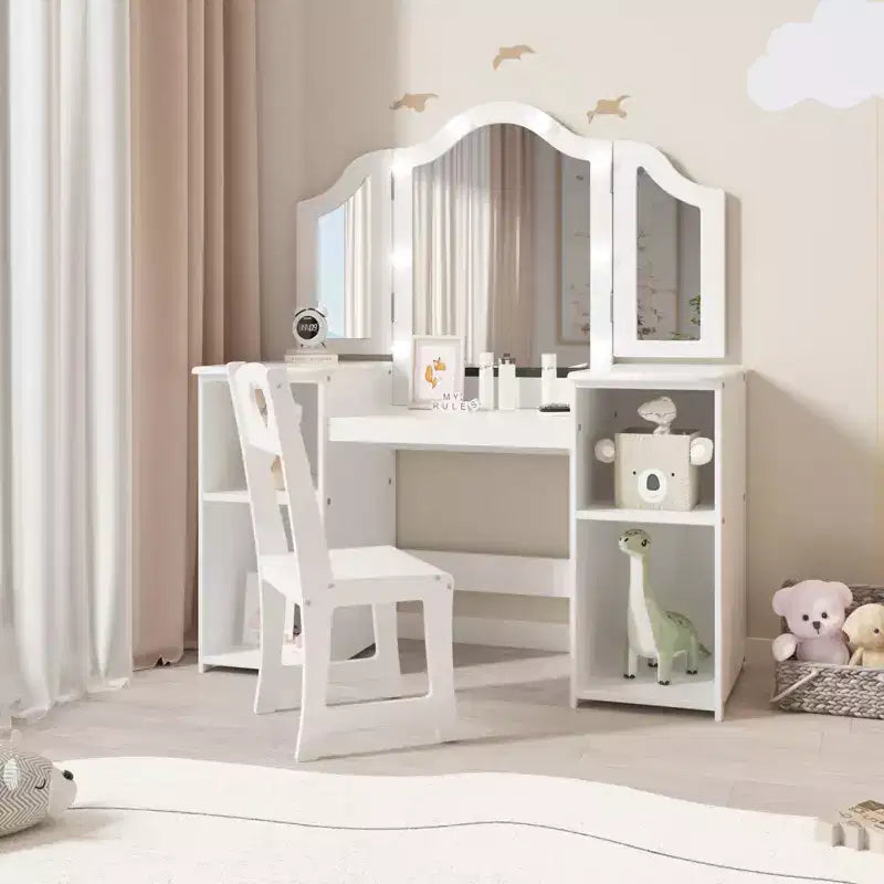 Kids Vanity Table and Chair Set, Princess Makeup Table and Chair Set, Detachable Tri-Folding Mirror, Wooden Kid Makeup Dressing Table, for Bedroom
