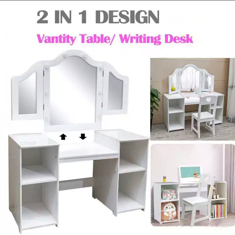 Kids Vanity Table and Chair Set, Princess Makeup Table and Chair Set, Detachable Tri-Folding Mirror, Wooden Kid Makeup Dressing Table, for Bedroom