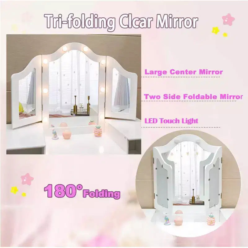 Kids Vanity Table and Chair Set, Princess Makeup Table and Chair Set, Detachable Tri-Folding Mirror, Wooden Kid Makeup Dressing Table, for Bedroom