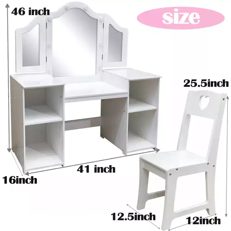 Kids Vanity Table and Chair Set, Princess Makeup Table and Chair Set, Detachable Tri-Folding Mirror, Wooden Kid Makeup Dressing Table, for Bedroom