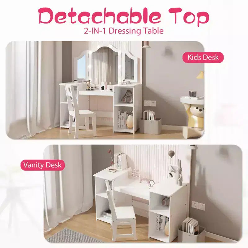Kids Vanity Table and Chair Set, Princess Makeup Table and Chair Set, Detachable Tri-Folding Mirror, Wooden Kid Makeup Dressing Table, for Bedroom