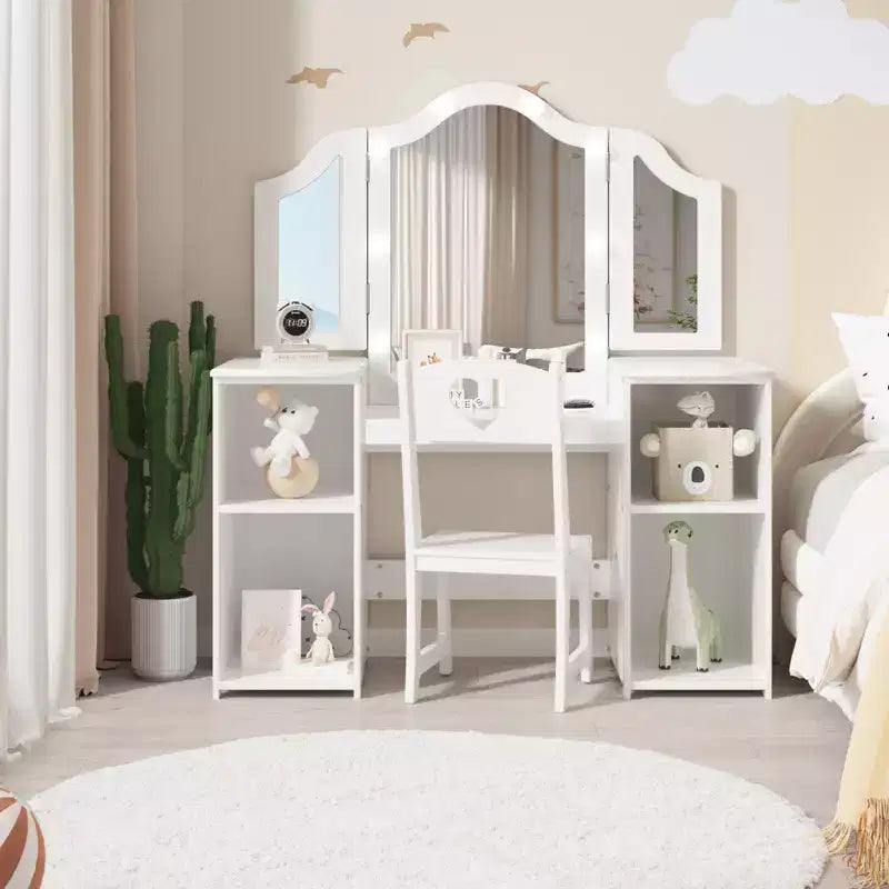 Kids Vanity Table and Chair Set, Princess Makeup Table and Chair Set, Detachable Tri-Folding Mirror, Wooden Kid Makeup Dressing Table, for Bedroom