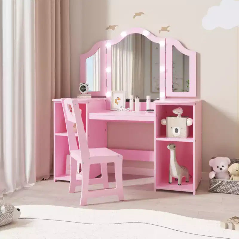 Kids Vanity Table and Chair Set, Princess Makeup Table and Chair Set, Detachable Tri-Folding Mirror, Wooden Kid Makeup Dressing Table, for Bedroom