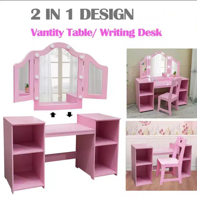 Kids Vanity Table and Chair Set, Princess Makeup Table and Chair Set, Detachable Tri-Folding Mirror, Wooden Kid Makeup Dressing Table, for Bedroom