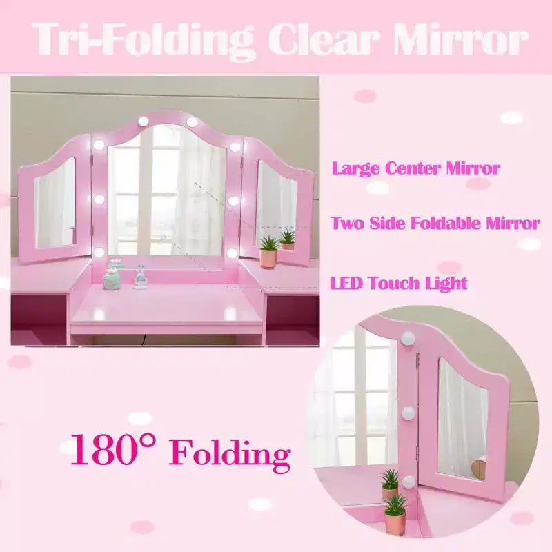 Kids Vanity Table and Chair Set, Princess Makeup Table and Chair Set, Detachable Tri-Folding Mirror, Wooden Kid Makeup Dressing Table, for Bedroom