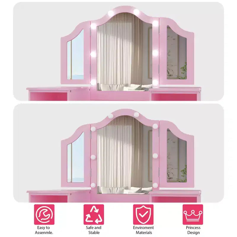 Kids Vanity Table and Chair Set, Princess Makeup Table and Chair Set, Detachable Tri-Folding Mirror, Wooden Kid Makeup Dressing Table, for Bedroom