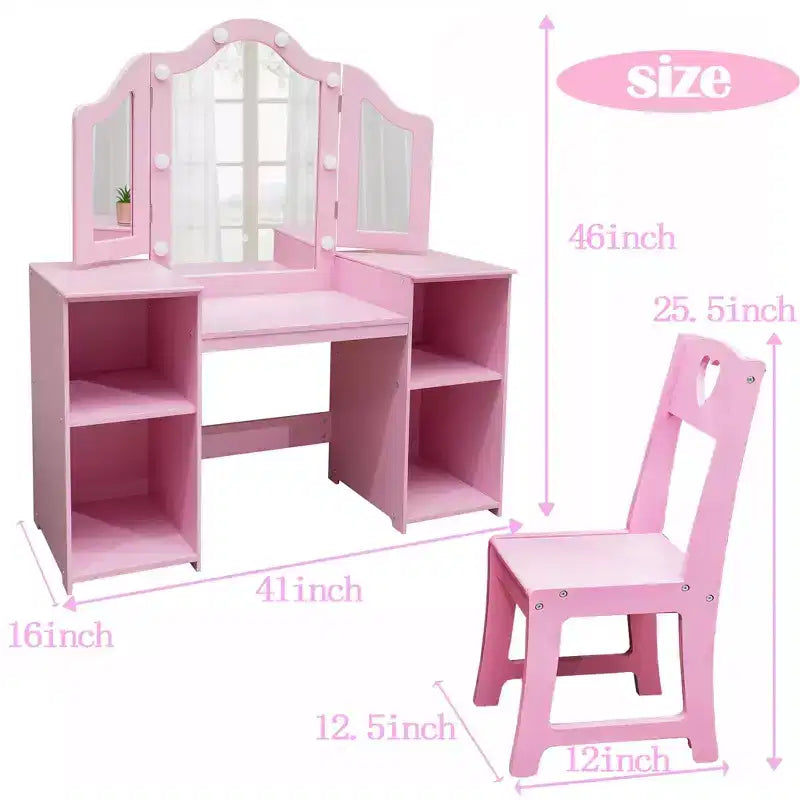 Kids Vanity Table and Chair Set, Princess Makeup Table and Chair Set, Detachable Tri-Folding Mirror, Wooden Kid Makeup Dressing Table, for Bedroom