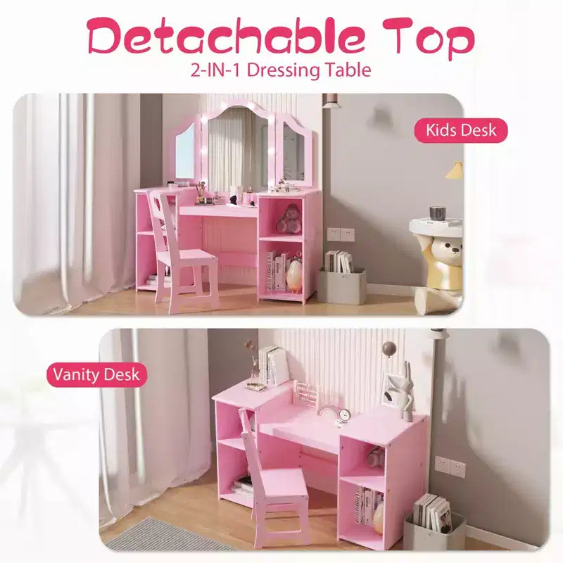Kids Vanity Table and Chair Set, Princess Makeup Table and Chair Set, Detachable Tri-Folding Mirror, Wooden Kid Makeup Dressing Table, for Bedroom