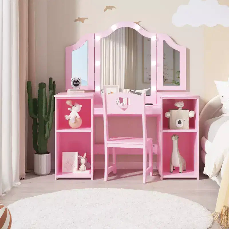 Kids Vanity Table and Chair Set, Princess Makeup Table and Chair Set, Detachable Tri-Folding Mirror, Wooden Kid Makeup Dressing Table, for Bedroom
