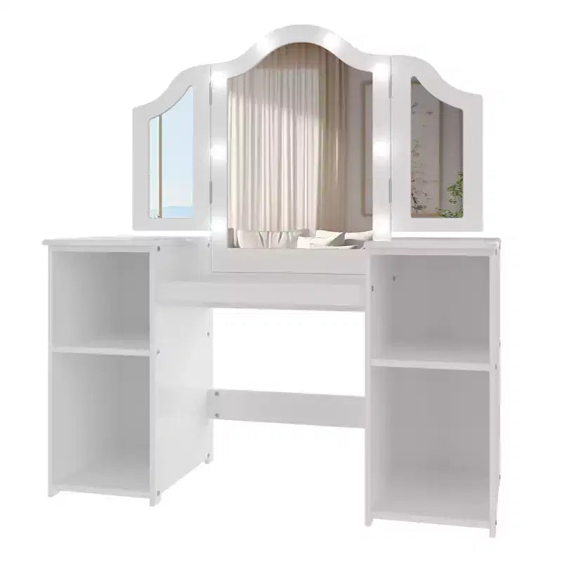 Kids Vanity Table and Chair Set, Princess Makeup Table and Chair Set, Detachable Tri-Folding Mirror, Wooden Kid Makeup Dressing Table, for Bedroom